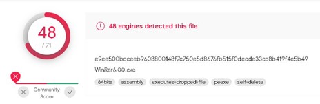 Al hacer el análisis en Virustotal, un sitio que proporciona análisis de archivos y páginas web, nos encontramos con que 48 de 71 motores detectan el malware.
